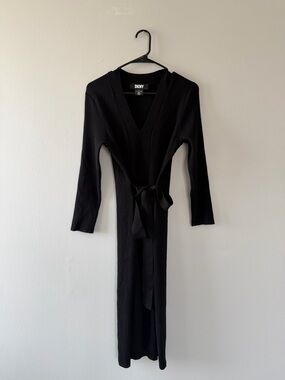 DKNY Black Ribbed V-Neck Wrap Dress with Waist Tie